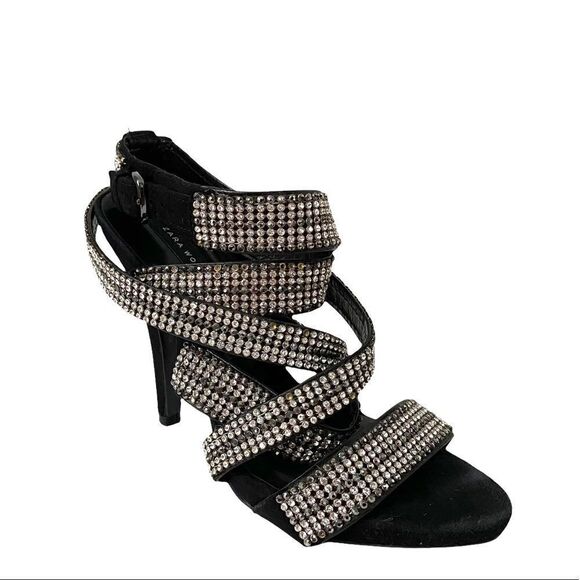 Zara Black Velvet Sandals with Rhinestone Strap in Size EU 37 - Picture 2 of 14